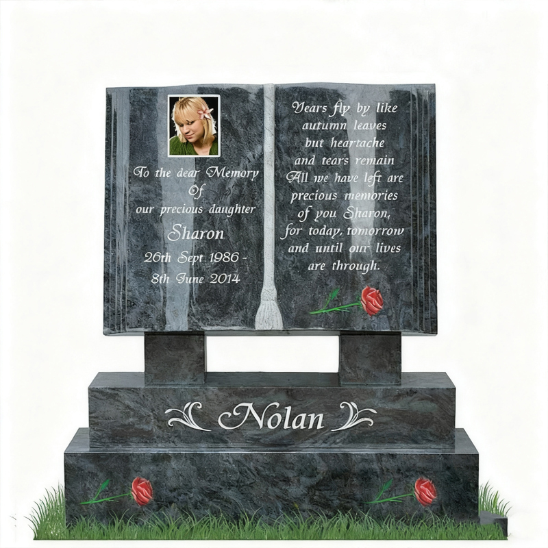 Boekvormige granieten herdenkingsgrafsteen