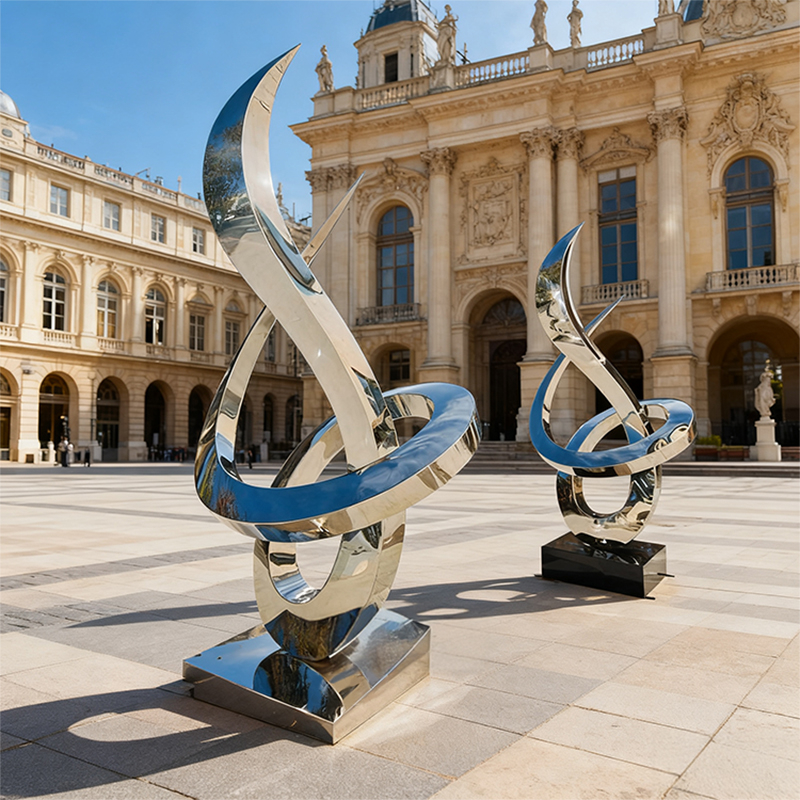 Blauw en zilver gestroomlijnd metalen sculptuur