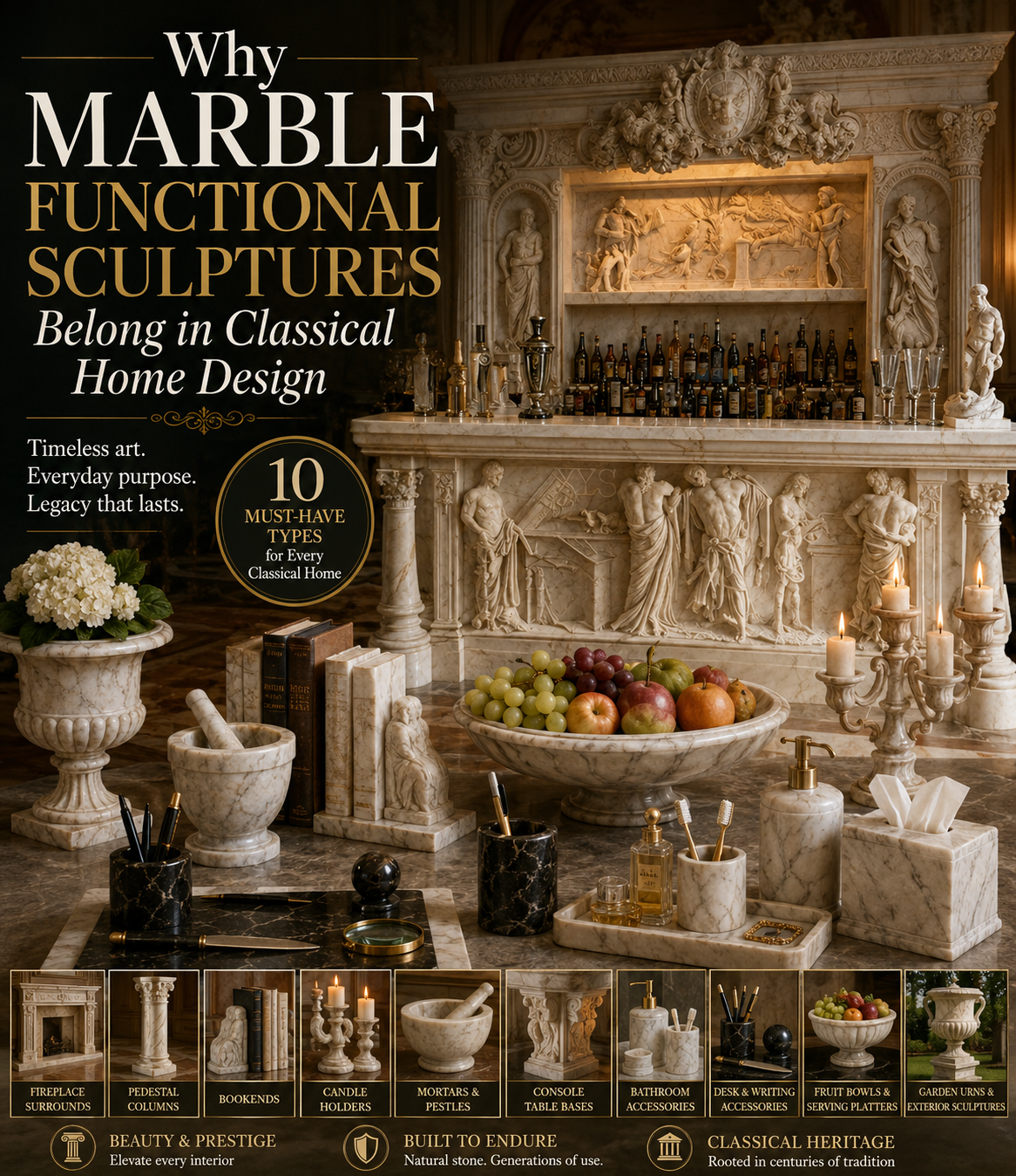 Welke marmeren functionele sculpturen zijn essentieel voor een klassiek interieur?